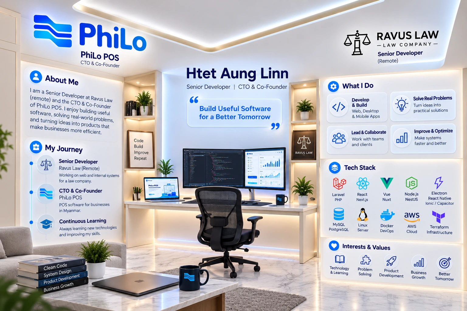 Illustrated workspace of Htet Aung Linn showing PhiLo POS, Ravus Law and his tech stack