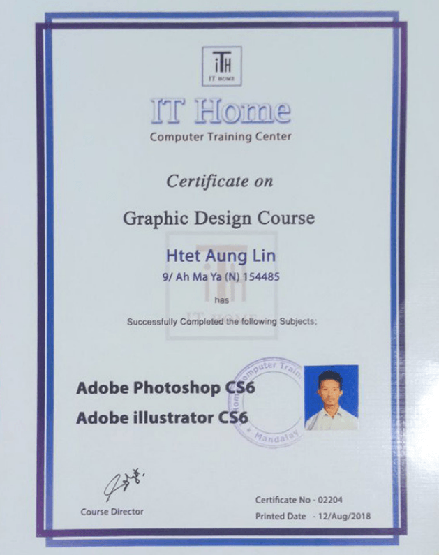Graphic Design Course certificate from IT Home Mandalay